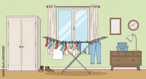 A colorful illustrated room with a drying rack featuring hanging laundry items
