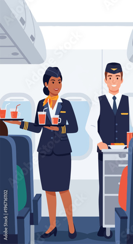 A flight attendant serves drinks while a steward pushes a food cart in a plane