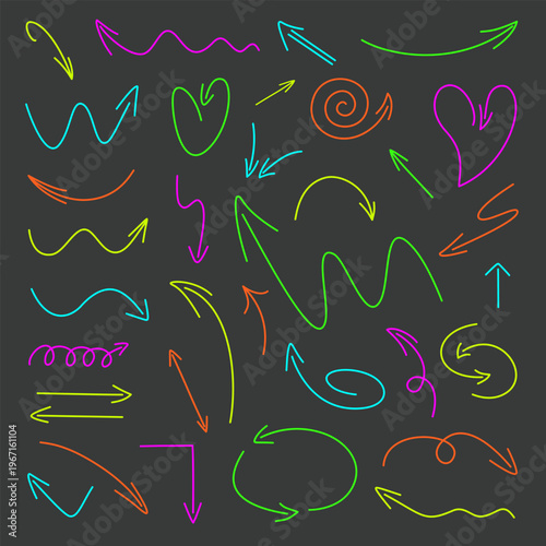 Big set of colorful hand-drawn vector arrows and pointers. Bright neon doodle arrows for infographic, business presentation and creative design isolated on dark background