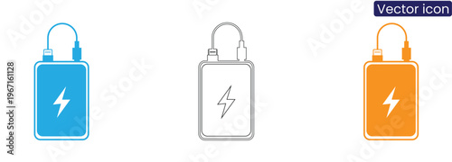 Portable power bank icons in blue, Black, And orange on white background
