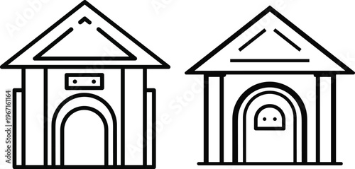 House silhouettes collection with triangular roof rectangular body arched doorway circular window architectural design home building vector illustration artwork set