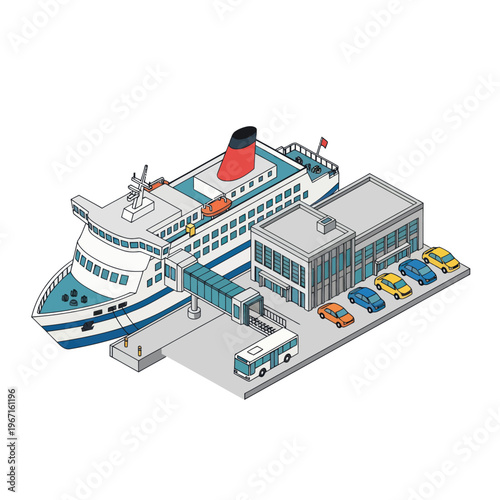 Isometric Cruise Ship with Cars and Terminal.