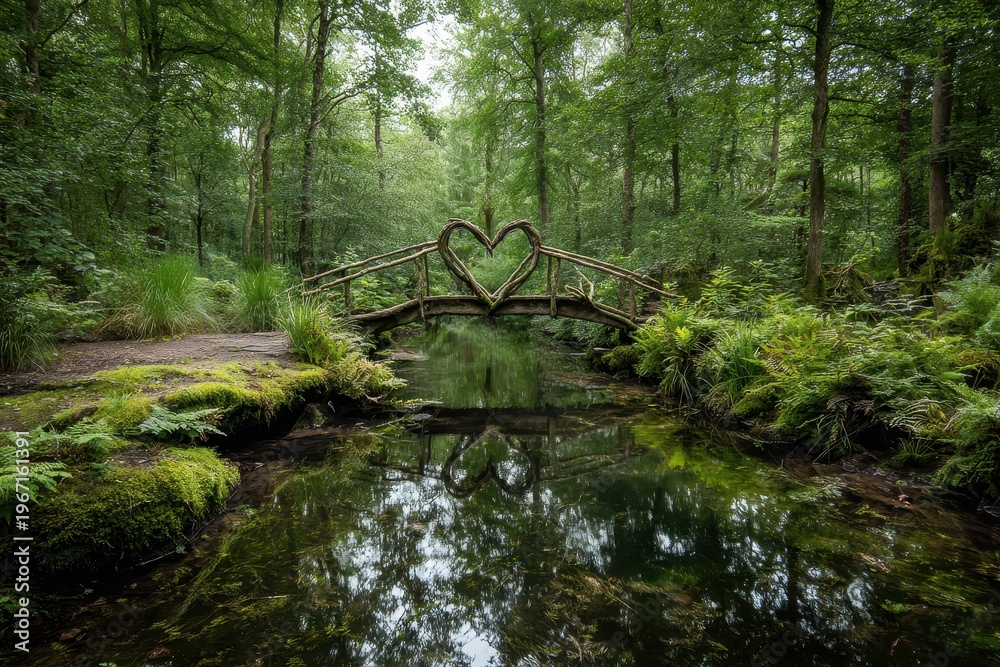 Fototapeta premium Nature love bridge: a heart-arched wooden crossing framed by green trees and a clear stream