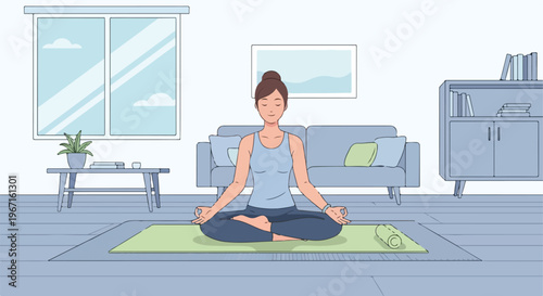 A calm woman in athletic wear practices seated meditation on a mat in a room