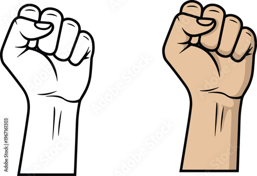 Raised fist icons set in outline and colored styles vector illustration for protest power solidarity activism human rights and revolution concept