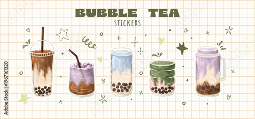 Bubble tea drinks with tapioca pearls. Bobba milk. Vector illustration.