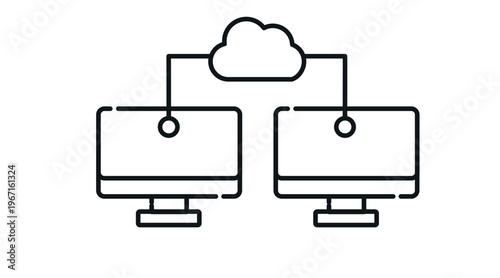 Cloud computing connection icon: two desktop computers synced via cloud network, black line vector illustration.