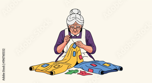 An elderly woman with white hair sitting and sewing colorful patches onto fabric
