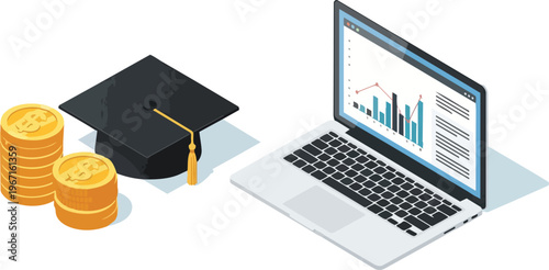 Education Investment Concept: Graduation Cap with Stacks of Gold Coins and Laptop showing Data Charts for Student Loans, Tuition Costs, and Online Learning ROI Illustration
