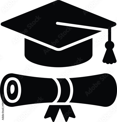 Graduation cap and diploma silhouette icon, black vector symbol representing education achievement academic success and graduation concept for logo and web design.