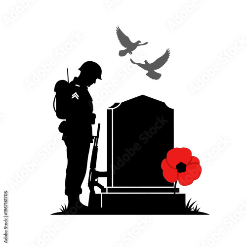 Soldier Silhouette Memorial, Tombstone, Poppy Flower, Doves Flying, Remembrance Day Concept