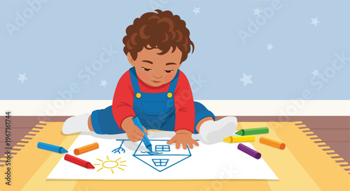 A small child with curly brown hair drawing a house on paper using blue crayon
