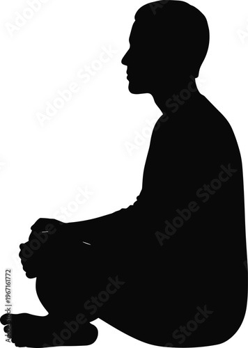 Silhouette of seated man in profile, calm sitting pose isolated on white background concept