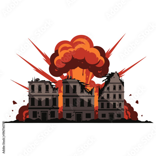 City Buildings Destroyed by Bomb Explosion, War Damage Illustration
