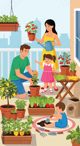 A family spends time together gardening on a high-rise balcony full of plants