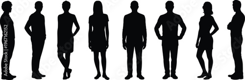Silhouettes of diverse men and women standing in different poses isolated on white background for business people concept illustration collection