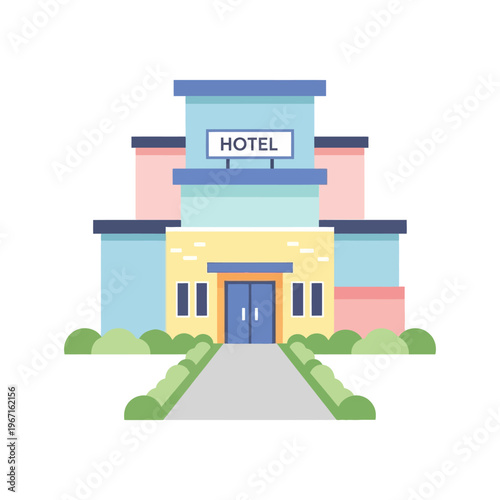 Modern Hotel Building Facade with Sign and Landscaping, Flat Design