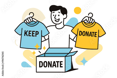 Closet Spring Cleaning. Closet Declutter Moment. A smiling person holds two shirts?one marked ?Keep,? one ?Donate.? Light geometric sparkles float around the