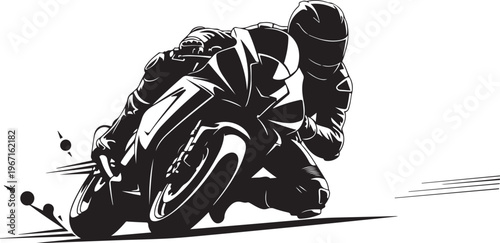 Motorcycle rider in racing gear leaning into turn on track