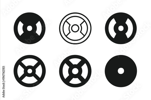 Fitness Icon Variations. Fitness and workout trends (HIIT, yoga). Icon set. Set Logo of Fitness and workout trends (HIIT, yoga): barbell plate. harmonious logo