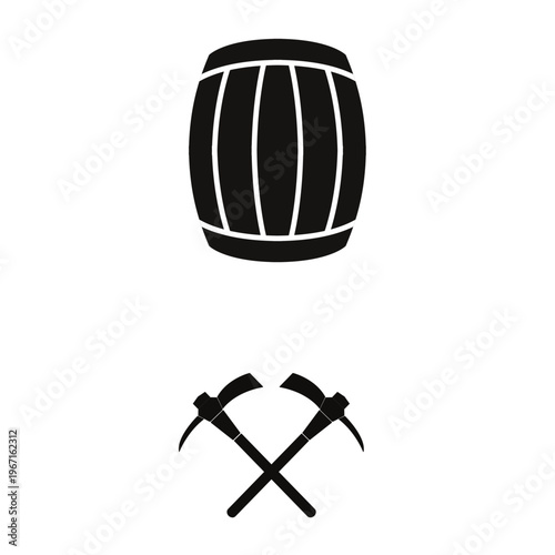 Wooden Barrel and Pickaxe Silhouette Collection Isolated on White Background