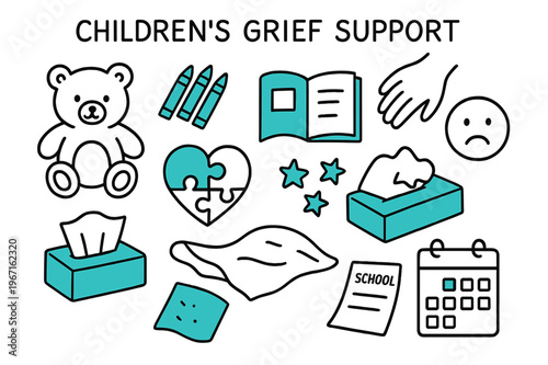 Children's Grief Symbols. // Children?s grief support. Hand-drawn doodle illustration Children?s grief support [stuffed bear (accented), crayons (accented),