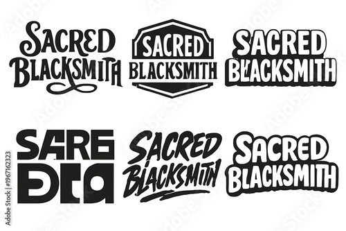 Sacred Blacksmith Designs. Sacred Blacksmith. Set lettering. harmonious lettering variations of the same emblematic concept (Whimsical curly type
