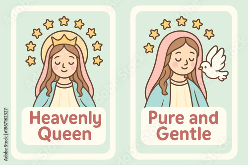 Heavenly Queen Banners. Queen of Heaven. Two vertical A6 banners with safe margins, centered composition, no elements touching edges, cartoon, pastel mint and