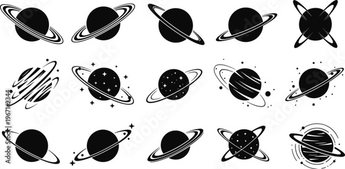 Stylized planet silhouettes, Saturn ring icons, astronomy themed artwork, cosmic celestial designs, abstract space illustration, decorative planetary vector collection, starry universe graphics