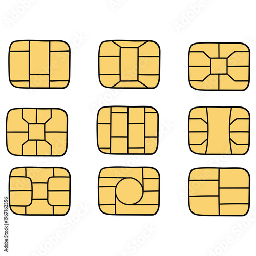 Hand-drawn cartoon set of gold EMV chips on a white background.