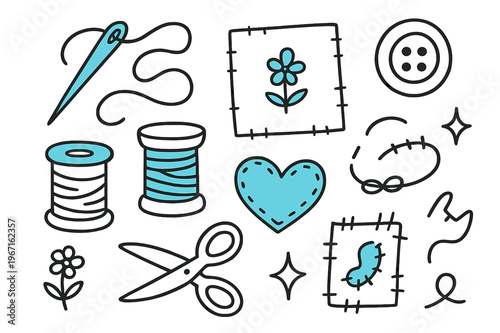 Hand Stitching Doodle Art. // Hand stitching. Hand-drawn doodle illustration Hand stitching [needle (accented), thread loop (accented), fabric square, stitch