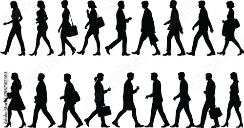 Silhouettes of walking business people in different poses carrying bags isolated on white background for urban lifestyle and commuting concept