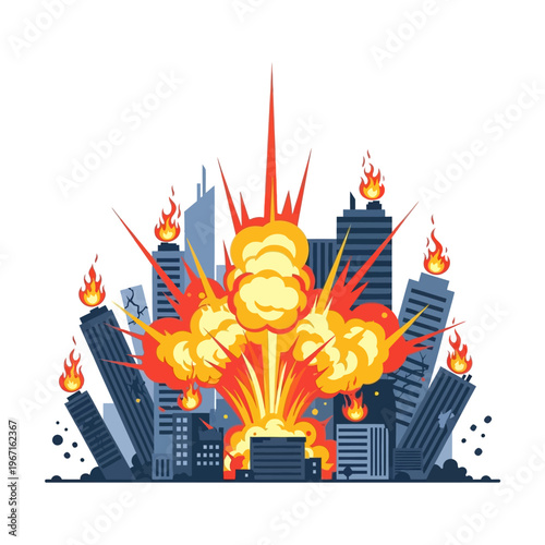 Cityscape Explosion with Fire and Debris