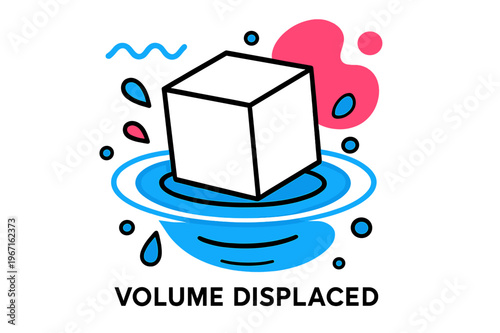 Fluid Displacement Illustration. Displacement in Fluids. A floating cube pushes water down; ?Volume Displaced? appears in minimal sans-serif type. Droplets and