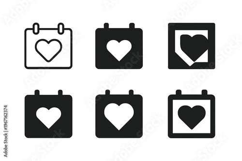Flexible Work Icons. Flexible work schedules for parents. Icon set. Set Logo of Flexible work schedules for parents: calendar with heart. harmonious logo