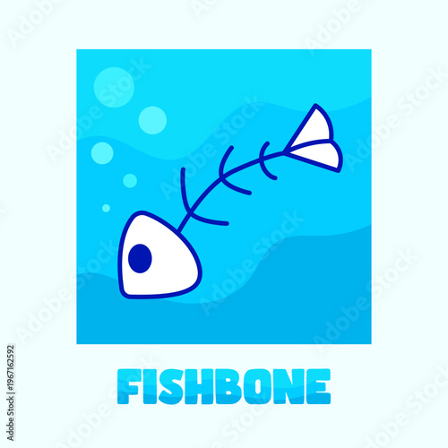 Fishbone Cartoon Illustration, Cute Fish Skeleton in Blue Underwater Scene. Fish Bone in Ocea