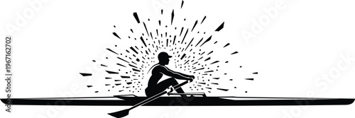 Rowing Athlete Silhouette Vector Illustration Featuring Single Scull Boat Rower With Water Splash Effect For Sports Competition And Fitness Design.