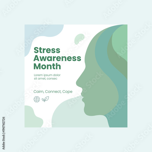Stress Awareness Month April Green Gradient Head Silhouette Brain Leaf Heart Icons Vector Illustration 