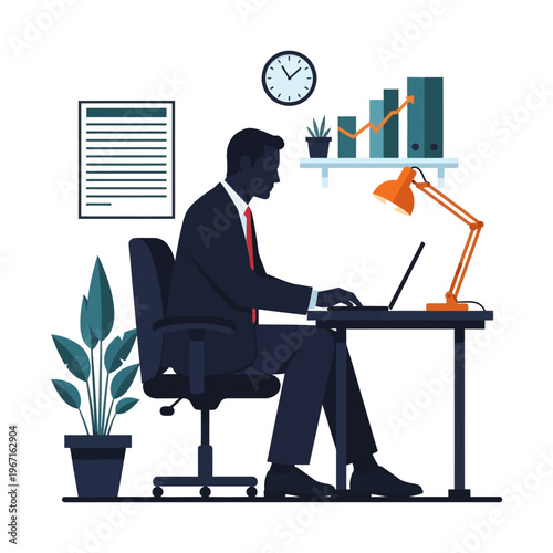 Businessman working on laptop at desk in office, with growth chart and desk lamp