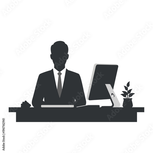 Businessman Silhouette at Desk with Computer and Plant - Office Work Concept