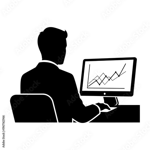 Businessman silhouette working on computer with growth chart on screen