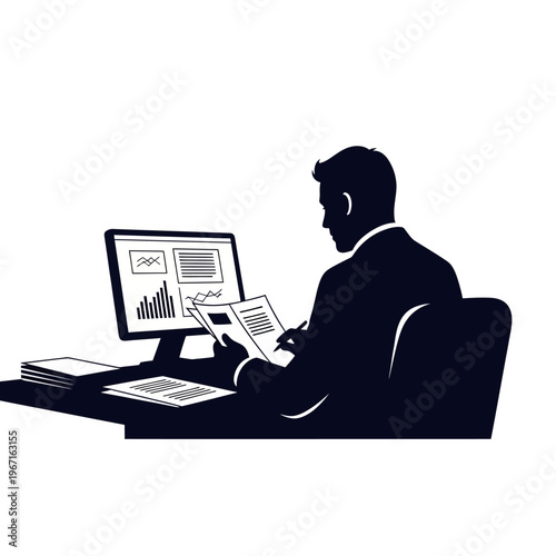 Silhouette of businessman working at desk with computer and documents, analyzing data