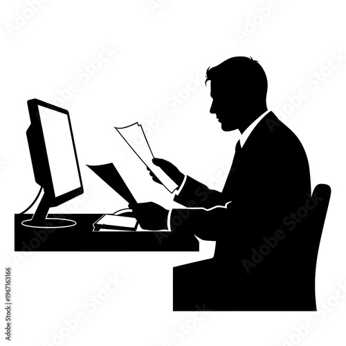 Silhouette of businessman working at computer with documents, office desk, black and white vector