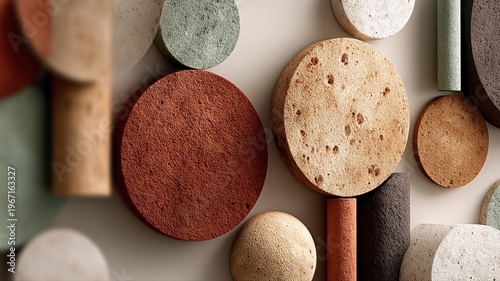 Abstract composition with textured circular shapes in various colors