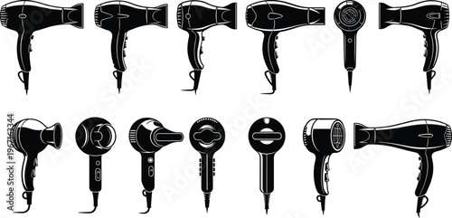 Black and white vector illustration collection of professional hair dryers, featuring salon blow styling equipment, isolated on a white background.