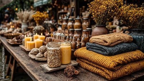Cozy Autumn Market Display with Candles and Knitwear Textiles