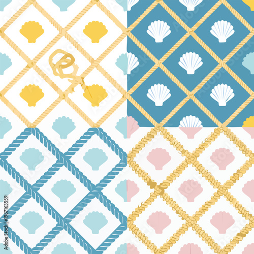 Seamless seashell pattern design with rope grid on colorful backgrounds