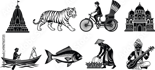 Indian culture icons collection with temple Taj Mahal tiger rickshaw boat fish market sitar architecture wildlife transportation tradition vector illustration design