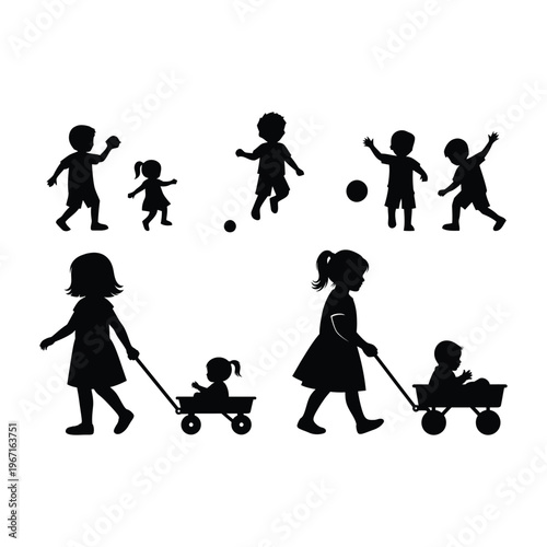 Joyful childhood silhouettes: children playing with balls and pulling wagons, innocent outdoor fun