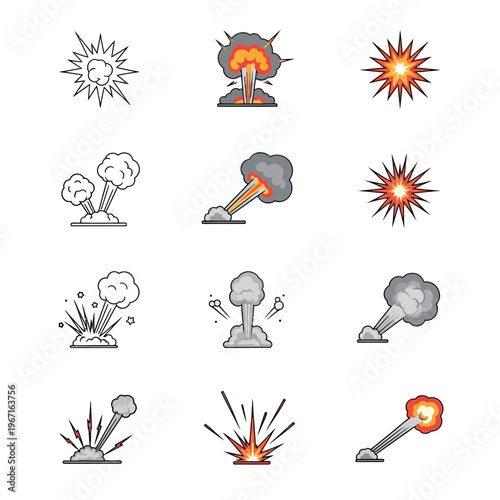Explosion Icons Set: Comic Style Bursts, Smoke, and Fire Effects